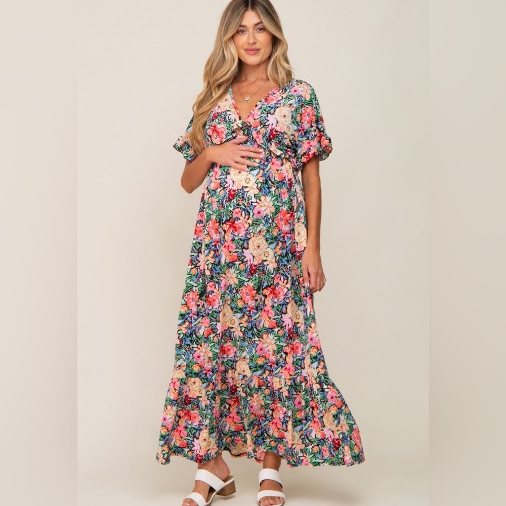 Pinkblush Floral V-Neck Maxi Dress in Pink, Green, Navy